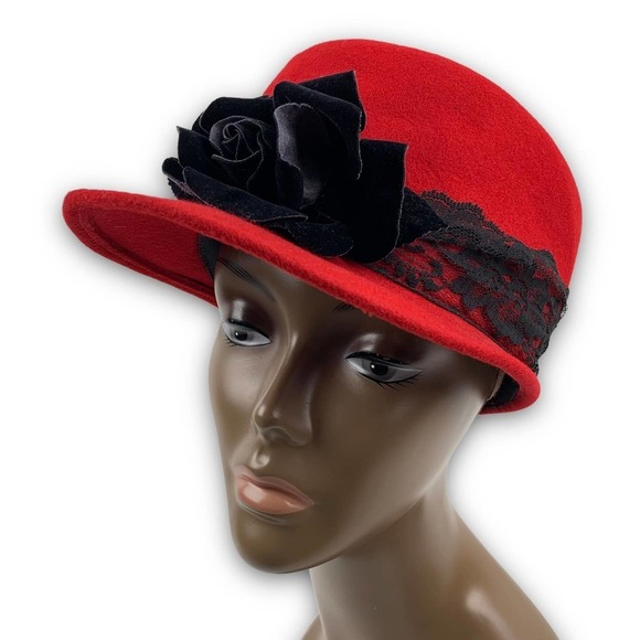1960's BOLLMAN HAT Co. via KOKIN red wool black rose and lace cap - Picture 2 of 16